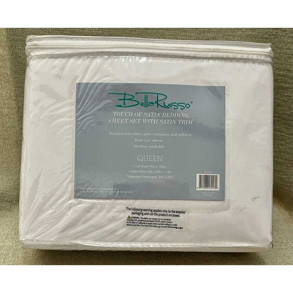 Queen Bed Set White Blue Satin Trim Bella Russo NEW Easy Care Brushed Microfiber